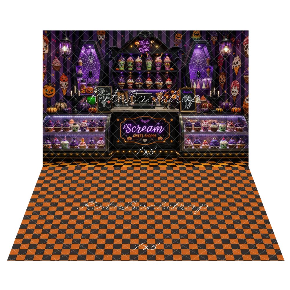 Kate Halloween Candy Shop Cupcake Display Printed Backdrop+Orange Black Argyle Checkerboard Pattern Printed Floor Backdrop