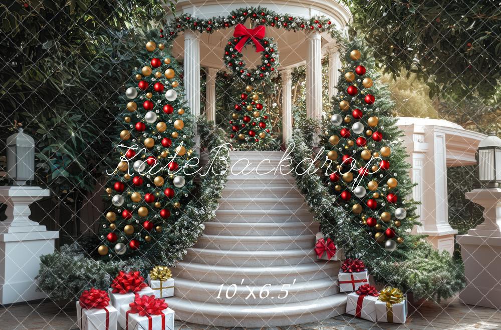 Kate Christmas Cascading Stairs Gazebo Ornaments Trees Backdrop Designed by Mini MakeBelieve