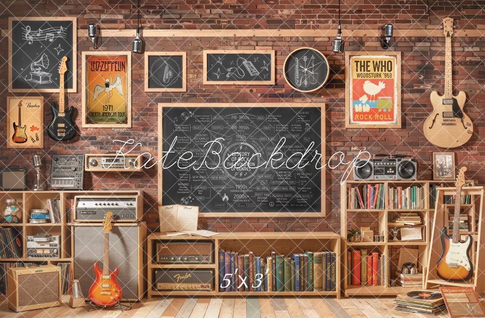 Kate Retro Music Classroom Brick Wall Guitars Printed Backdrop Designed by Emetselch