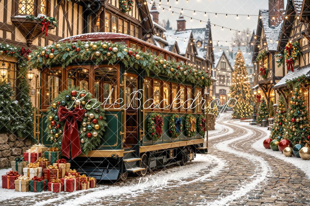 Kate Christmas Trolly Snowy Village Street Printed Backdrop Designed by Mini MakeBelieve