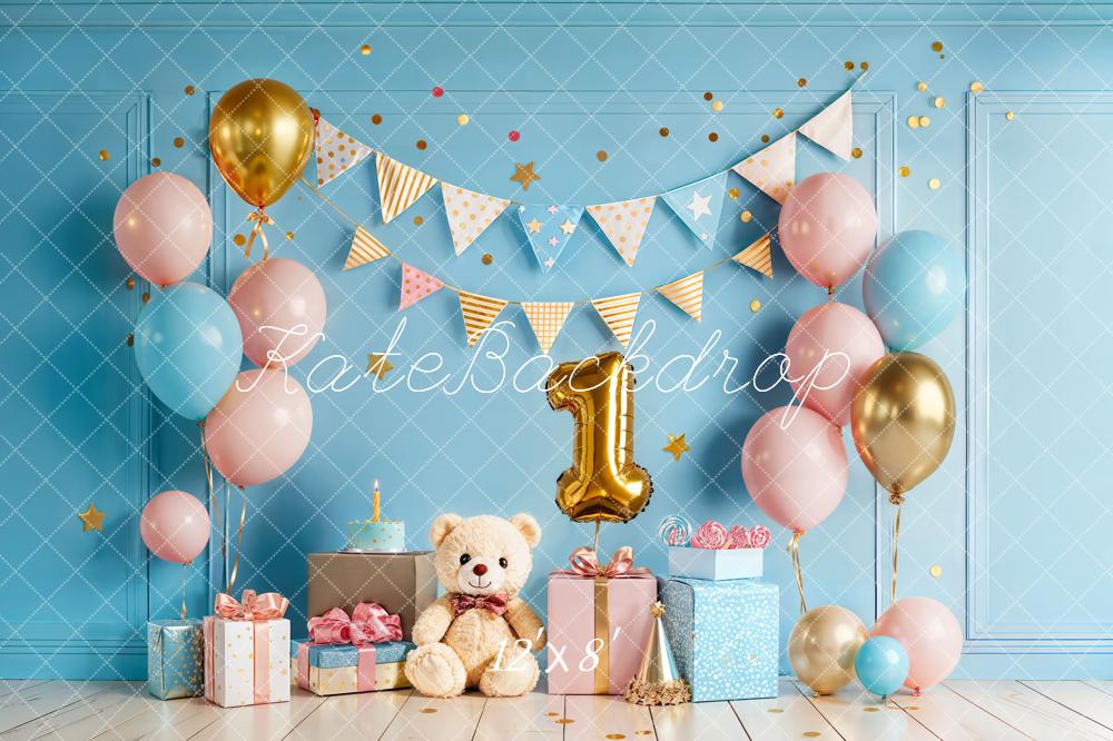 Kate Cake Smash Blue Balloon Bunting Teddy Bear First Birthday Backdrop Designed by Chain Photography