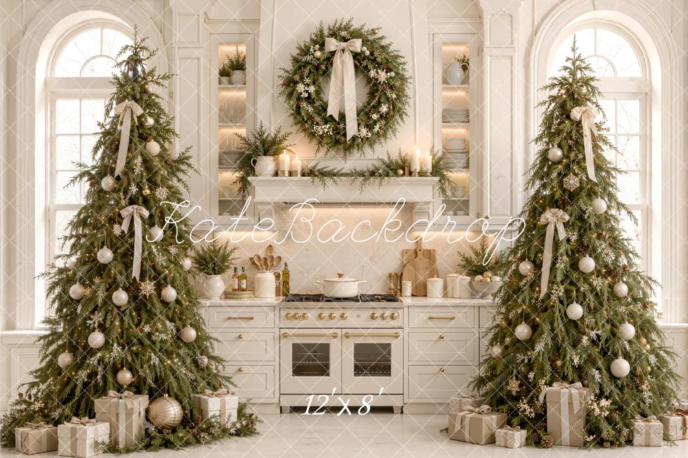 Kate Christmas White Kitchen Trees Wreath Bow Arched Window Printed Backdrop Designed by Emetselch