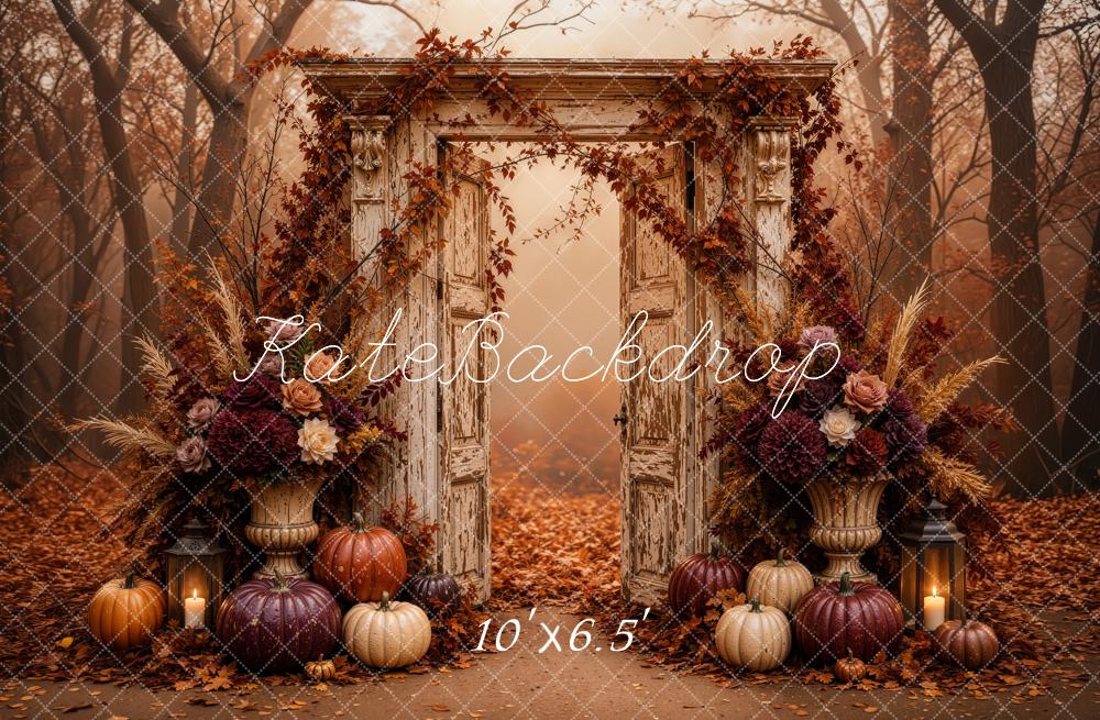 Kate Fall Vintage Door Floral Pumpkins Cozy Forest Printed Backdrop Designed by Jordan Moon