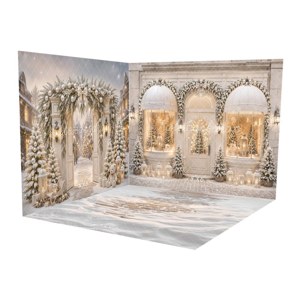 Kate Christmas Shop Arched Window Garland Snowy Trees Printed Backdrop Room Set