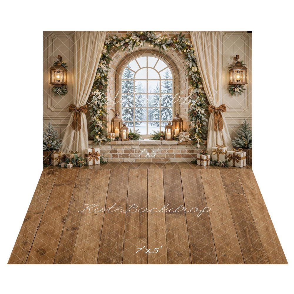 Kate Christmas Beige Arched Window Garland Curtains Bow Printed Backdrop+Brown Wood Plank Floor Printed Backdrop