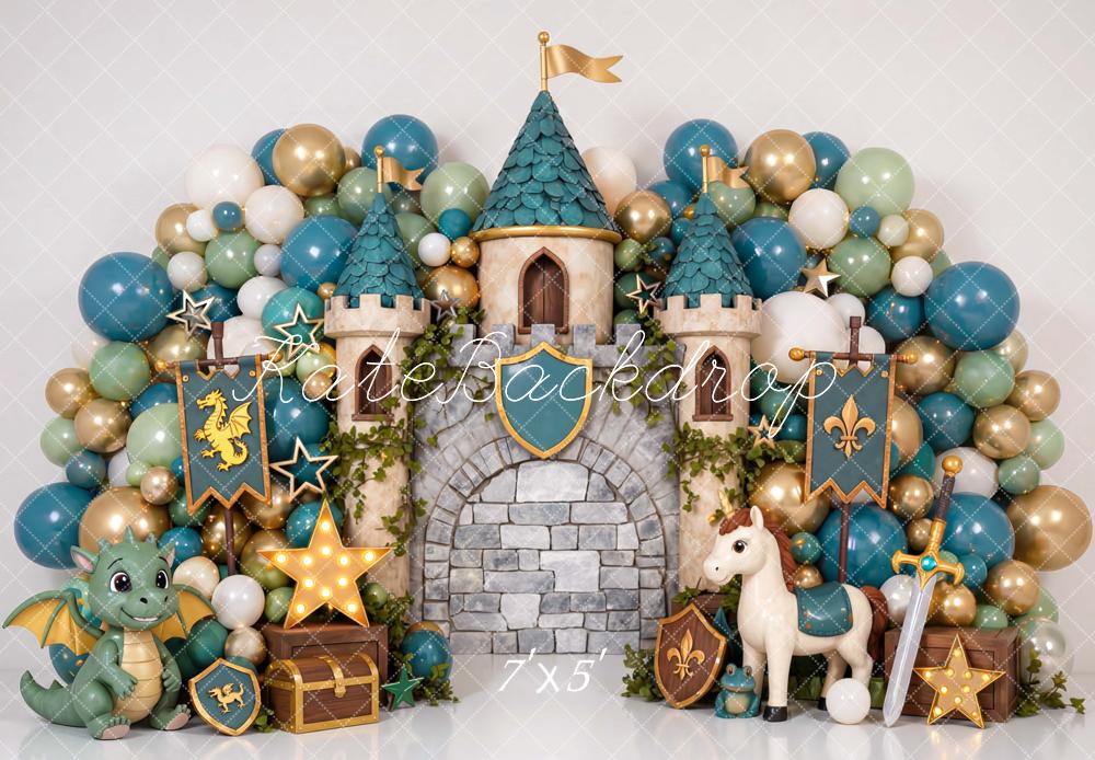 Kate Fairy Fantasy Castle Balloon Arch Dragon Unicorn Printed Backdrop Designed by Mini MakeBelieve
