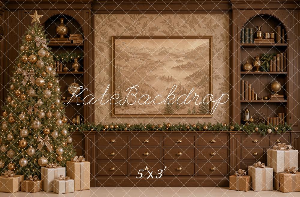Kate Christmas Traditional Brown Library Cabinet Christmas Tree Printed Backdrop Designed by Shutter Swan Studios