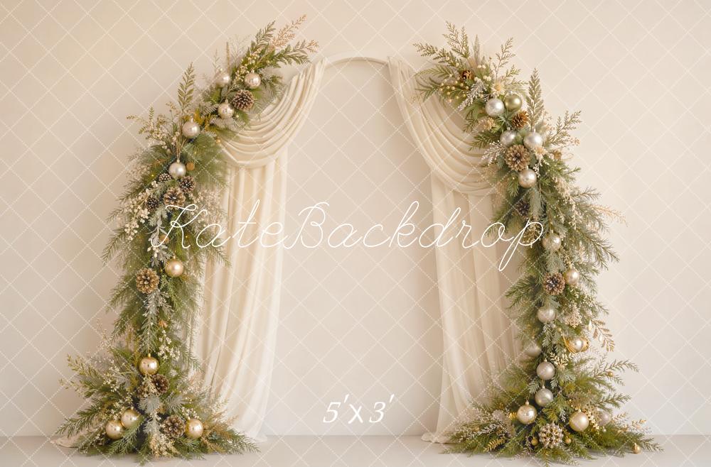 Kate Christmas Flower Arch Pine Cone Ornaments Cream Drapes Printed Backdrop Designed by Emetselch