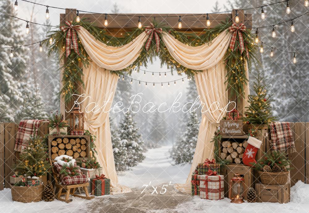 Kate Christmas Outdoor Cream Curtains Arch Pine Trees Plaid Gifts Wood Printed Backdrop Designed by Emetselch