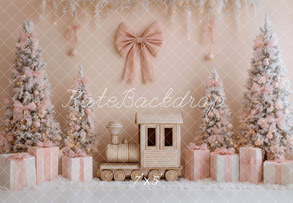 Kate Christmas Trees Polar Train Pink Bow Gift Backdrop Designed by Patty Roberts