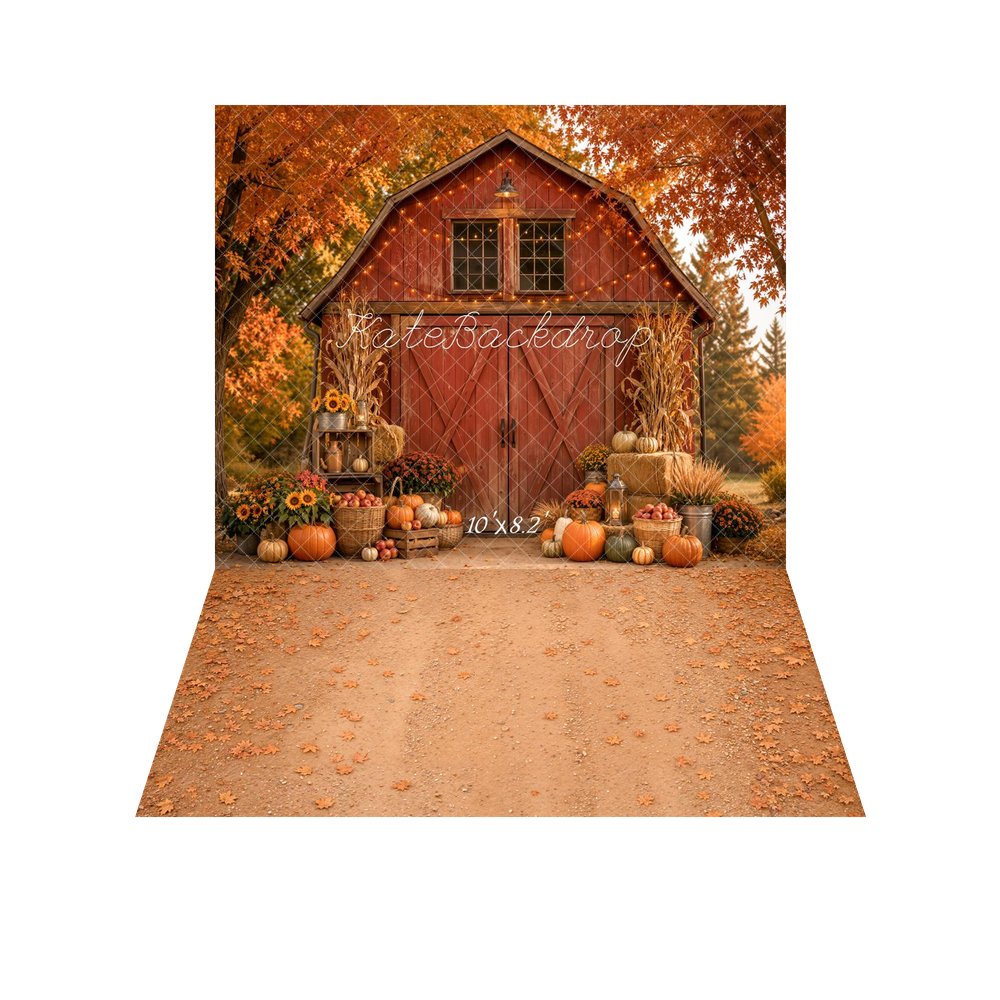 Kate Fall Red Barn Pumpkin Sunflower Cornstalk Apple Lantern Printed Backdrop+Fall Maple Leaves Floor Backdrop Printed Backdrop