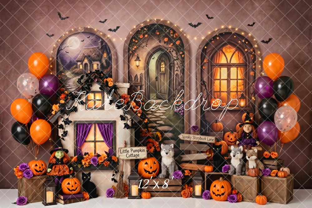 Kate Halloween Birthday Storybook Haunted Houses Pumpkins Printed Backdrop Designed by Patty Roberts