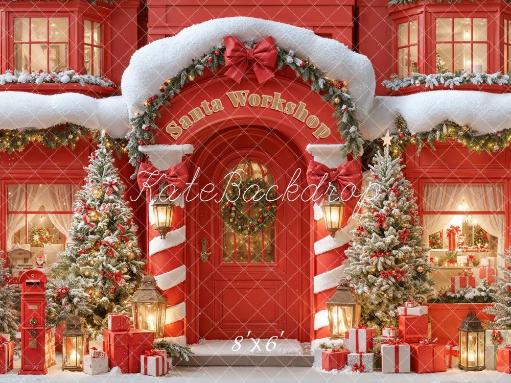 Kate Christmas Santa Workshop Red Snowy Trees Presents Backdrop Designed by Emetselch