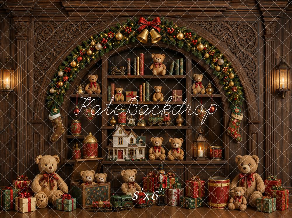 Kate Christmas Toys Room Teddy Bears Arch Bookshelf Gifts Printed Backdrop Designed by Emetselch