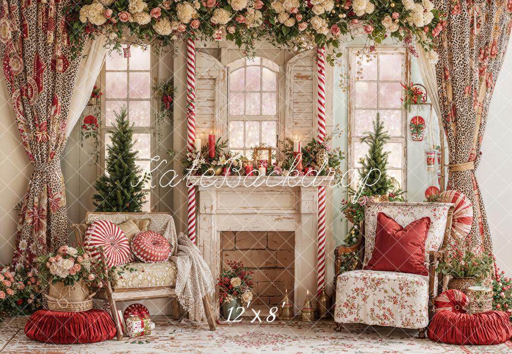 Kate Valentines Floral Fireplace Candy Cane Windows Leopard Backdrop Designed by Emetselch