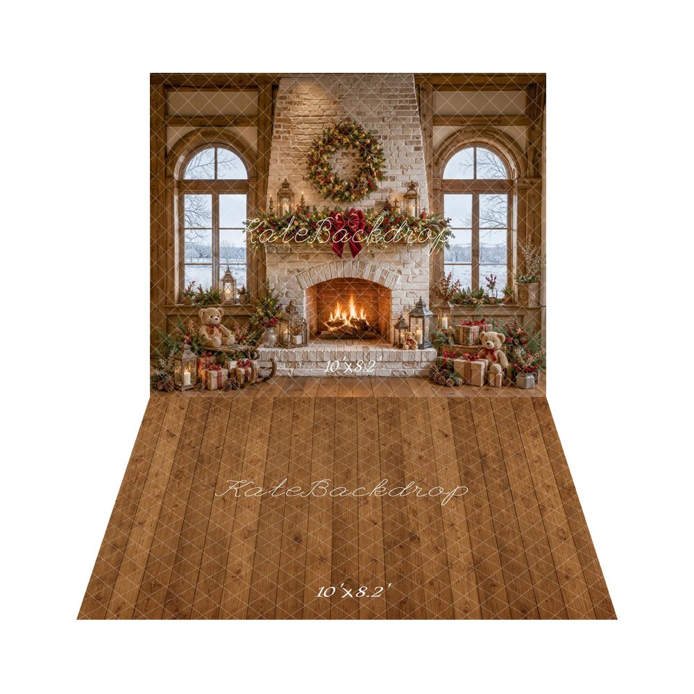 Kate Christmas Stone Fireplace Wreath Garland Lanterns Teddy Bear Printed Backdrop+Brown Wood Plank Floor Printed Backdrop