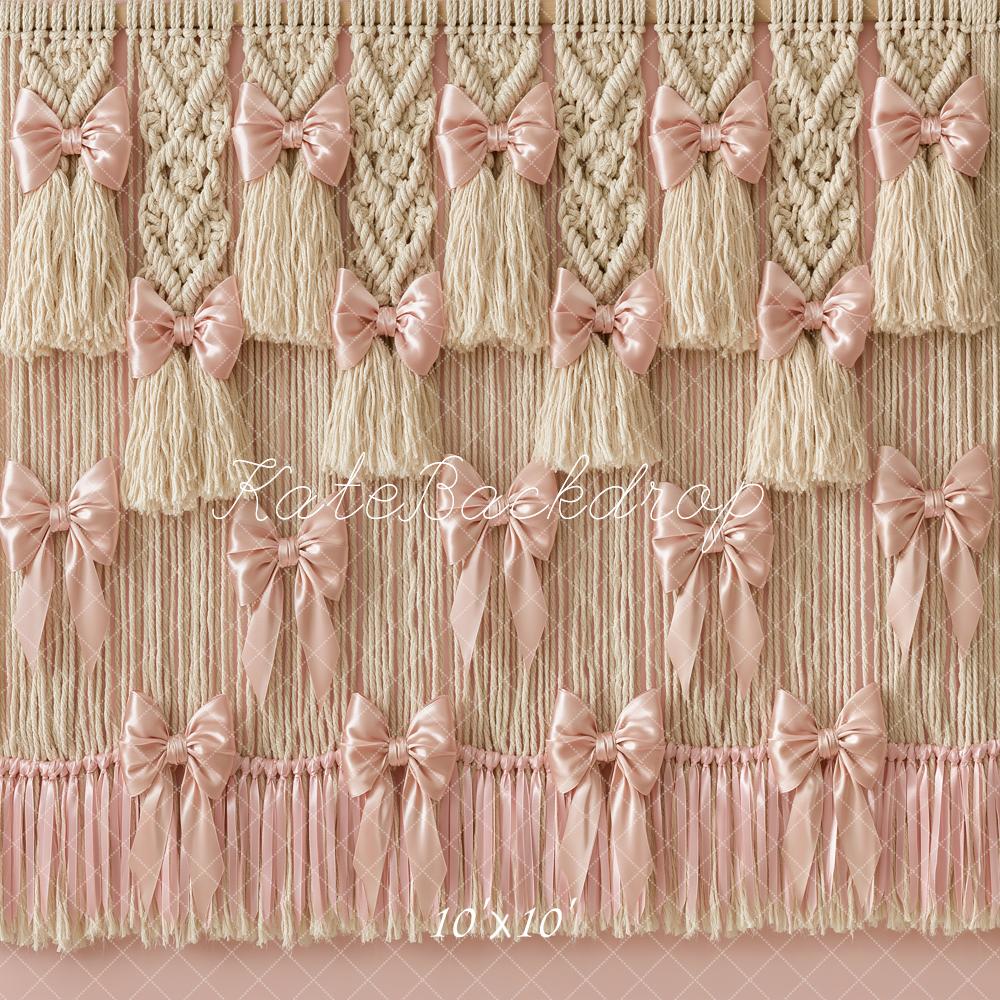 Kate Boho Satin Pink Bow Macrame Tassel Printed Backdrop Designed by Angela Miller