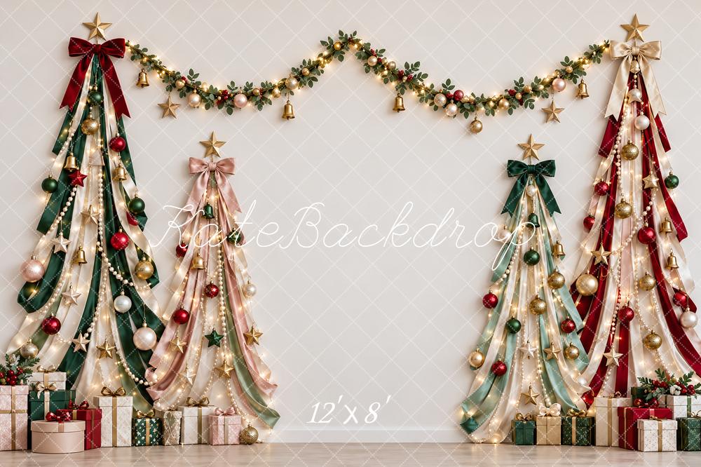 Kate Christmas Ribbon Trees Garland Gifts Lights Printed Backdrop Designed by Vertigo Productions
