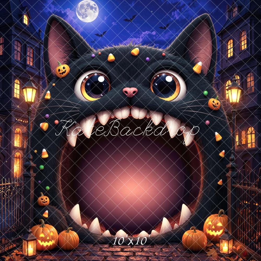 Kate Halloween Trunk or Treat Black Cat Haunted House Cobblestone Printed Backdrop Designed by Mini MakeBelieve