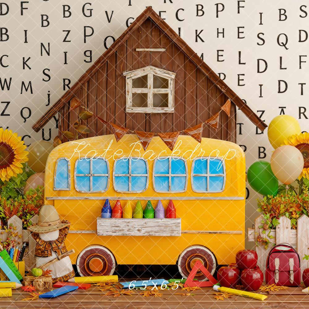Kate Back to School Yellow Bus Sunflowers Alphabet Barn Backdrop Designed by Emetselch