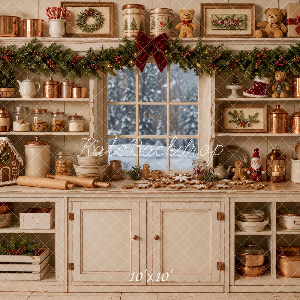 Kate Christmas White Kitchen Cabinet Garland Gingerbread Printed Backdrop Designed by Emetselch