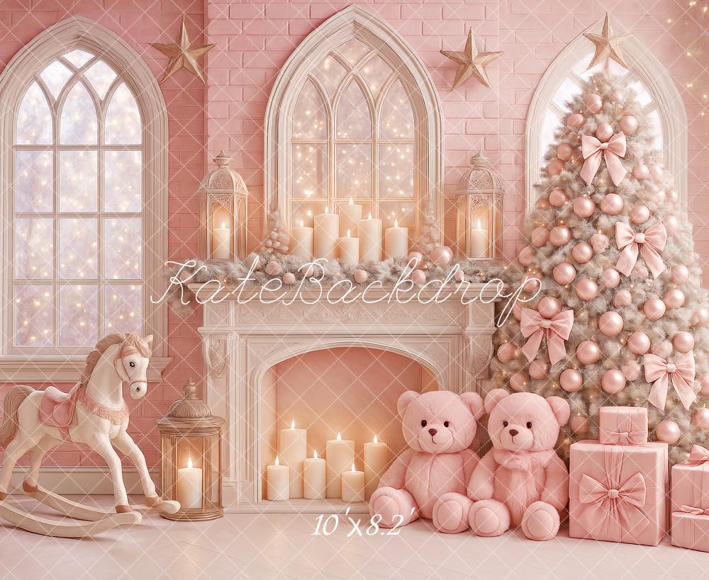 Kate Christmas Tree Fireplace Teddy Bear Pink Backdrop Designed by Ashley Paul