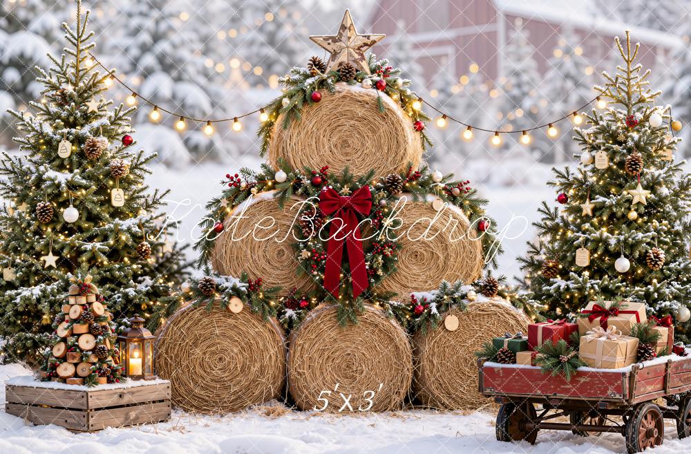 Kate Christmas Hay Bale Tree Snowy Gift Wagon String Lights Printed Backdrop Designed by Emetselch