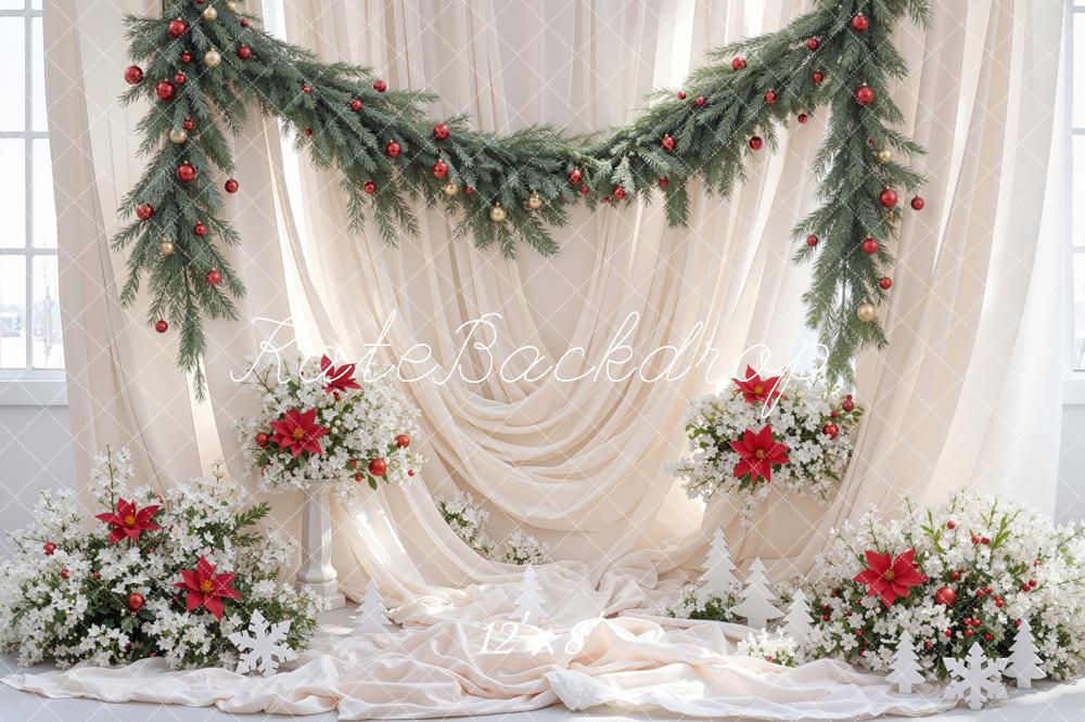Kate Christmas White Drapes Pine Garland Poinsettia Flowers Printed Backdrop Designed by Mini MakeBelieve