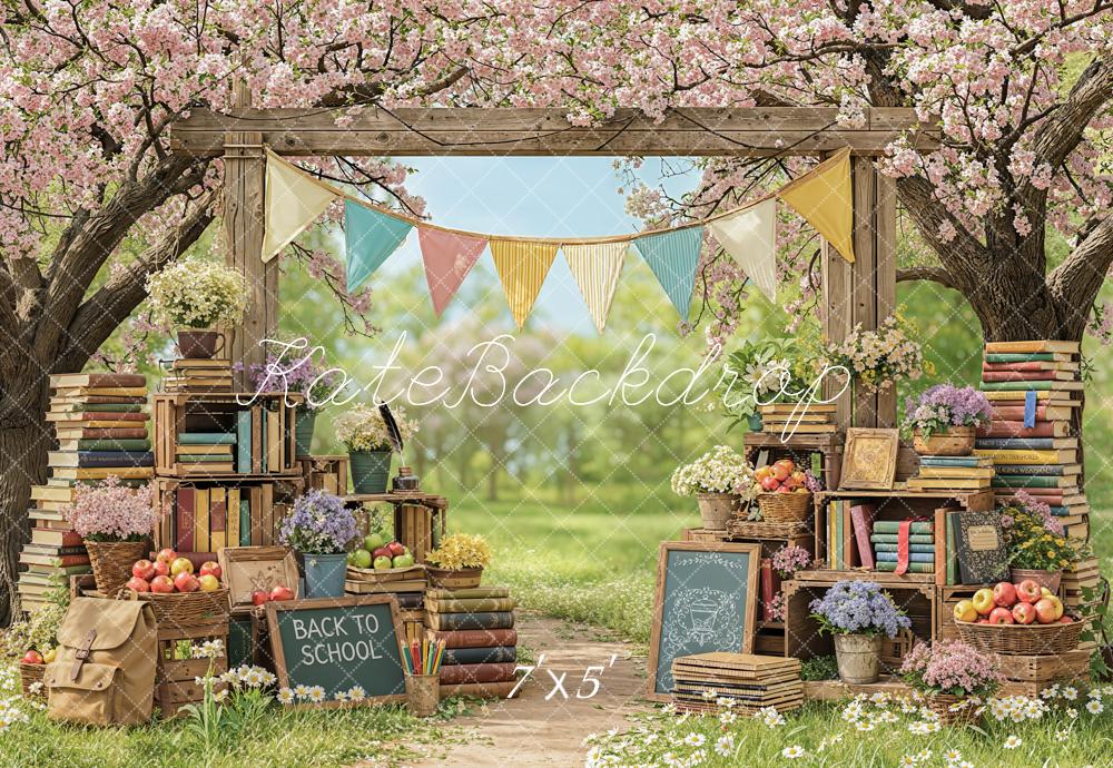 Kate Back to School Books Cherry Blossom Flowers Printed Backdrop Designed by Emetselch