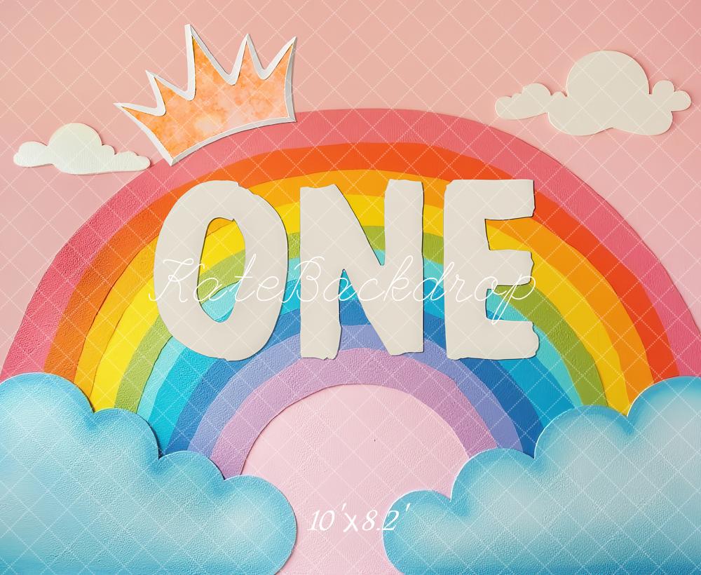 Kate 1st Birthday Rainbow One Crown Clouds Pink Printed Backdrop Designed by Laura Bybee