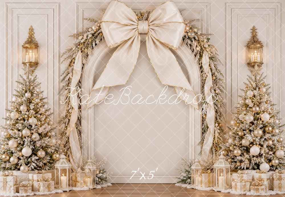 Kate Christmas White Gold Bow Luxury Trees Garland Printed Backdrop Designed by Emetselch