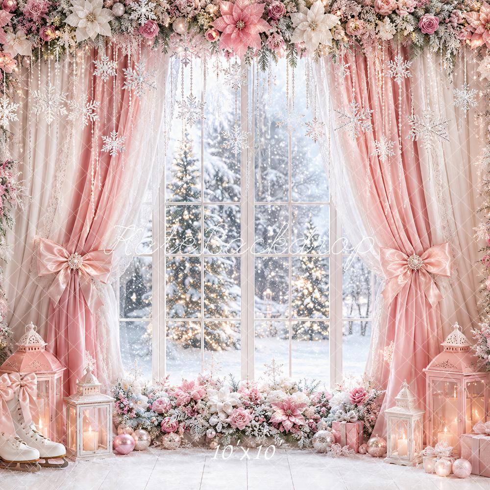 Kate Christmas Pink Curtains Flower Arch Window Snowy Printed Backdrop Designed by Ashley Paul
