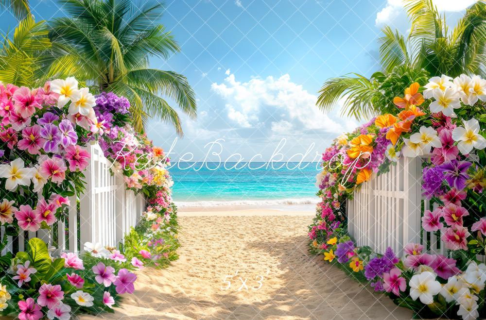 Zomer Strand Tropische Bloemige Laan Foto Achtergrond Ontworpen door Mini MakeBelieve