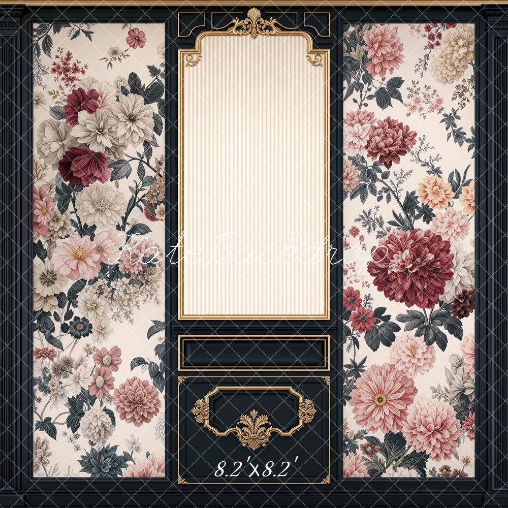 Kate Retro Ornate Black Gold Floral Wall Printed Backdrop Designed by Mini MakeBelieve