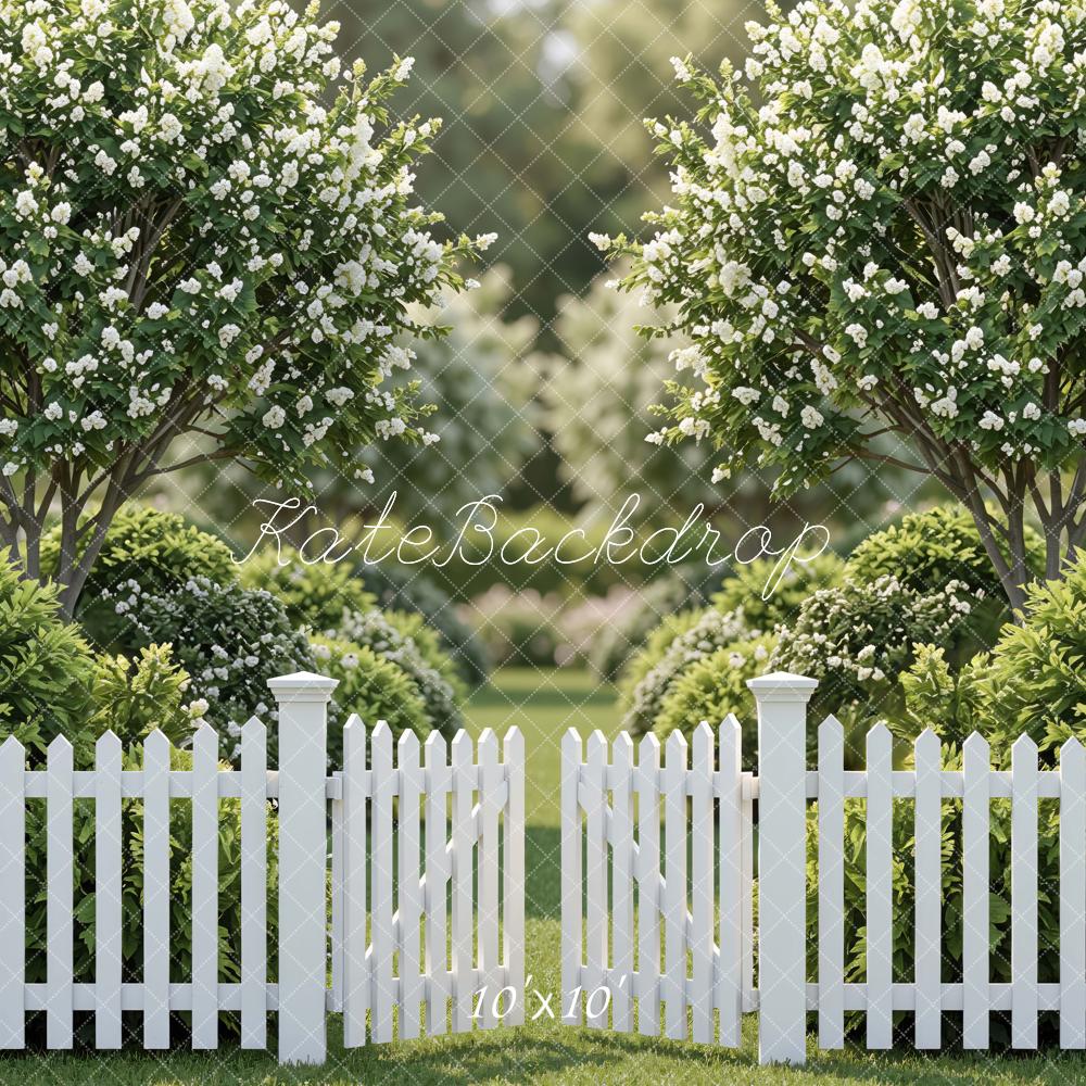 Kate Spring White Picket Fence Flowering Trees Garden Printed Backdrop Designed by Mini MakeBelieve