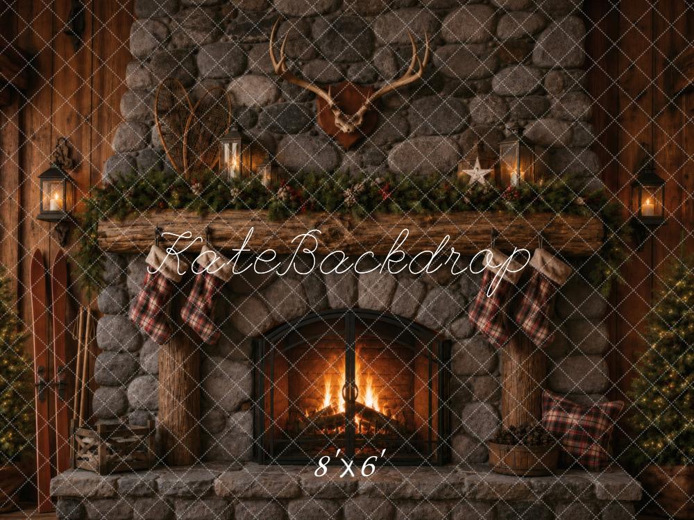 Kate Christmas Stone Fireplace Antlers Garland Stockings Printed Backdrop Designed by Vertigo Productions