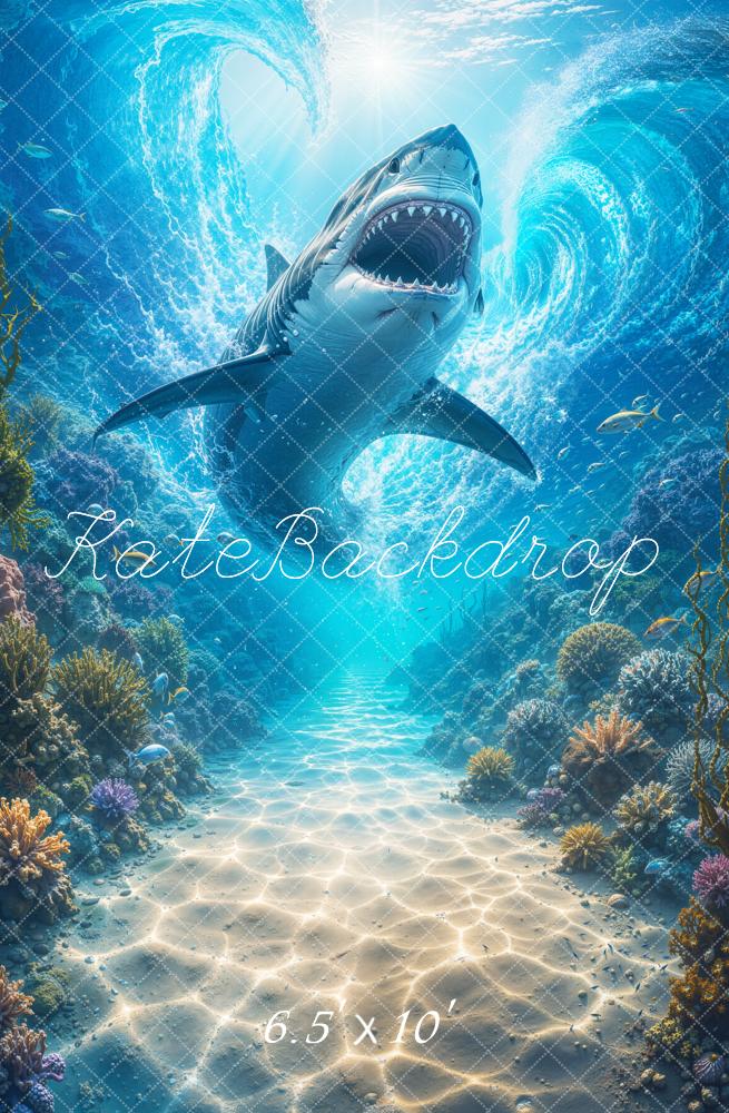 Kate Underwater Ocean Shark Coral Reef Adventure Printed Backdrop Designed by Emetselch