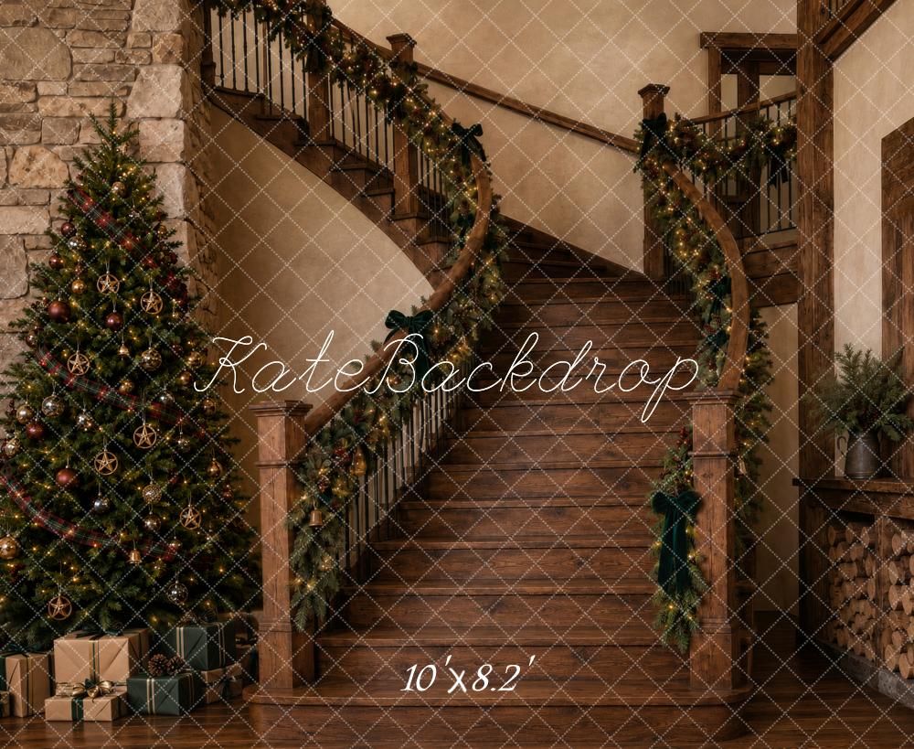 Kate Christmas Rustic Wood Staircase Garland Christmas Tree Printed Backdrop Designed by Vertigo Productions