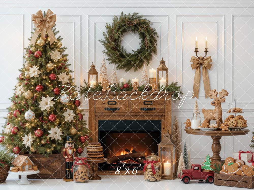 Kate Christmas Tree Wood Fireplace Wreath Gingerbread Cookies Printed Backdrop Designed by Mini MakeBelieve