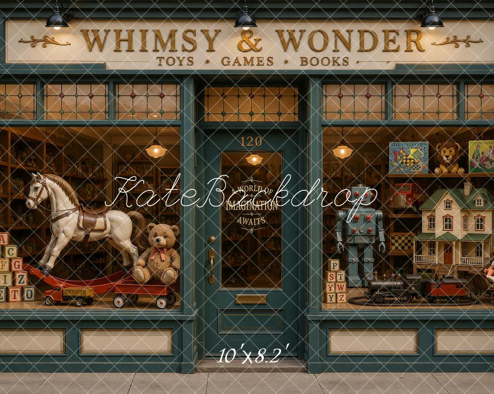 Kate Vintage Toy Store Rocking Horse Robot Dollhouse Window Printed Backdrop Designed by Ashley Ward