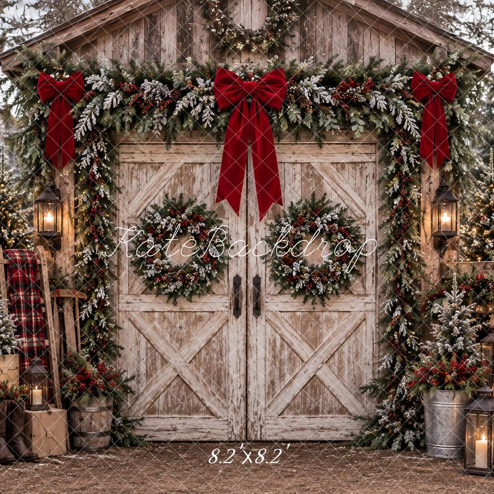 Kate Christmas Rustic Barn Door Snowy Garland Red Bows Printed Backdrop Designed by Ashley Paul