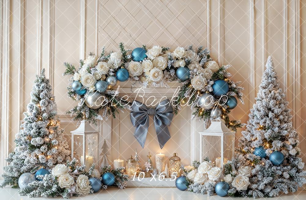 Kate Christmas Fireplace Flower Snowy Trees Bow Backdrop Designed by Emetselch