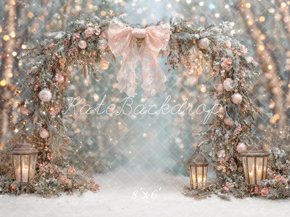 Kate Christmas Arch Pink Bow Lanterns Snowy Forest Backdrop Designed by Ashley Paul