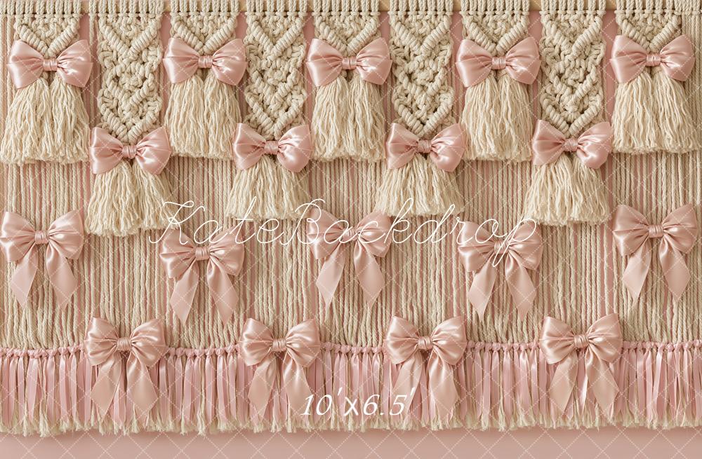 Kate Boho Satin Pink Bow Macrame Tassel Printed Backdrop Designed by Angela Miller