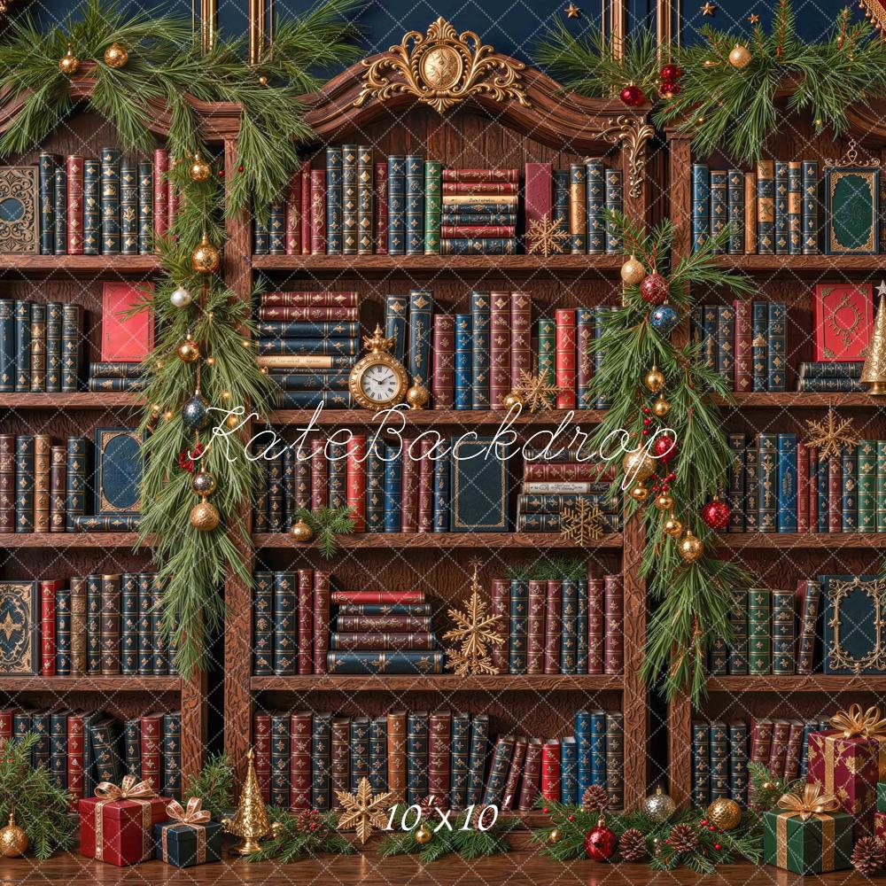 Kate Christmas Vintage Library Bookshelf Garland Printed Backdrop Designed by Mini MakeBelieve