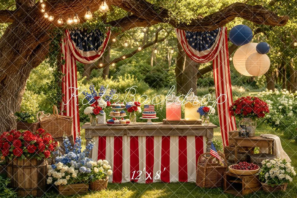 Kate Independence Day Patriotic Picnic Table Red White Blue Flowers American Flags Printed Backdrop Designed by Emetselch