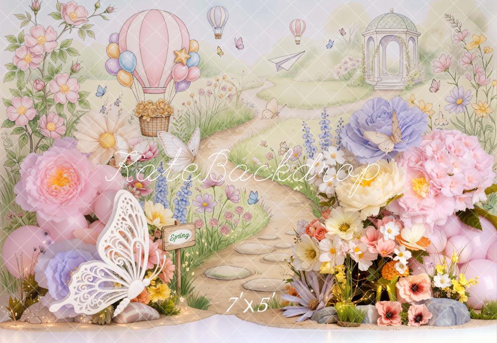 Kate Spring Butterfly Hot Air Balloon Floral Pathway Printed Backdrop Designed by Emetselch