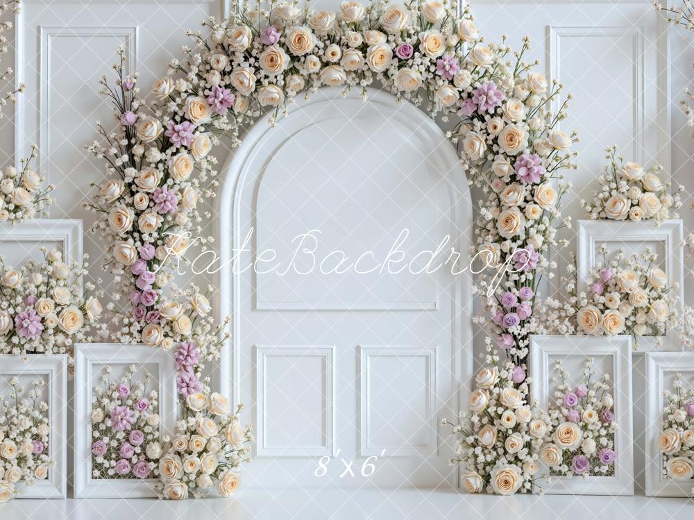 Kate Spring Flower Arch White Wall Frames Pastel Roses Backdrop Designed by Mini MakeBelieve