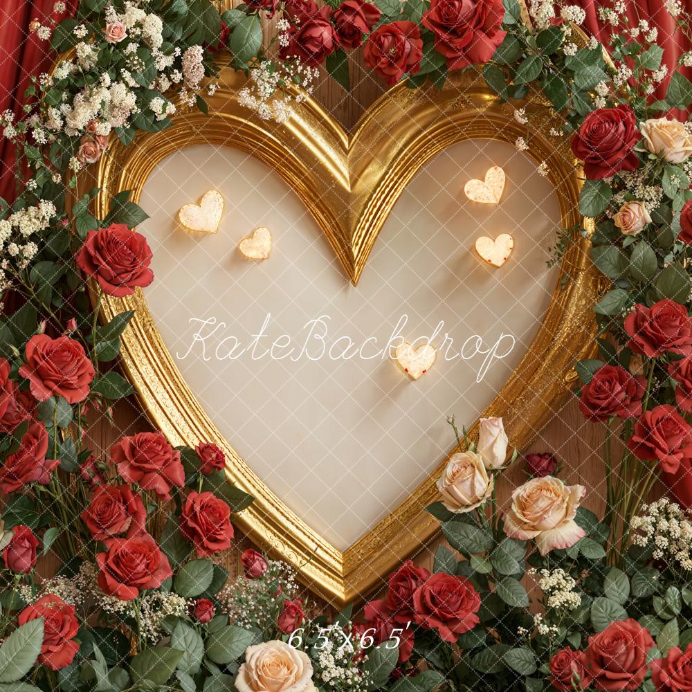 Kate Valentine's Day Heart Frame Red Roses Gold Floral Backdrop Designed by Emetselch
