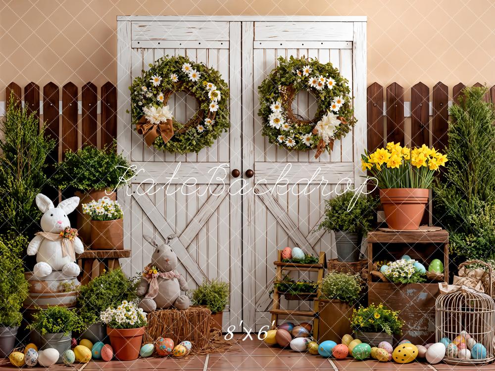 Kate Easter Rustic White Door Bunny Eggs Flowers Fence Backdrop Designed by Emetselch